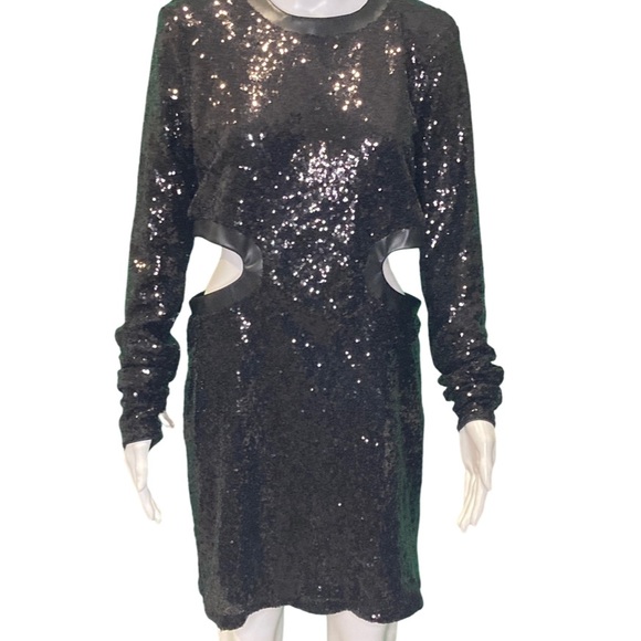 NWT Staud Black Sequin & Vegan Leather Cut Out Mini Dress - Sz XL - Picture 5 of 12